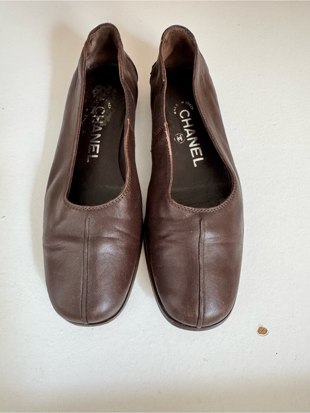 CHANEL Dark Brown Leather Slip-On Ballet Flats